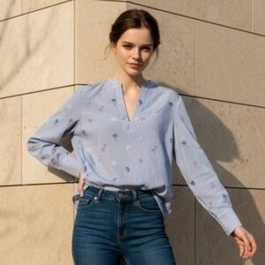 Bonobos Blue Palm Party Stripe Pegasus Pullover Shirt Blouse Size Medium